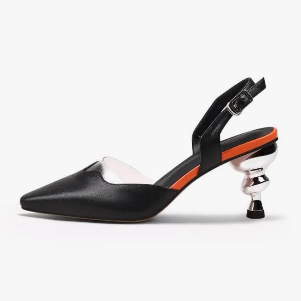 JadyRose Black & Silver Rounded Heel Leather Slingback Heel